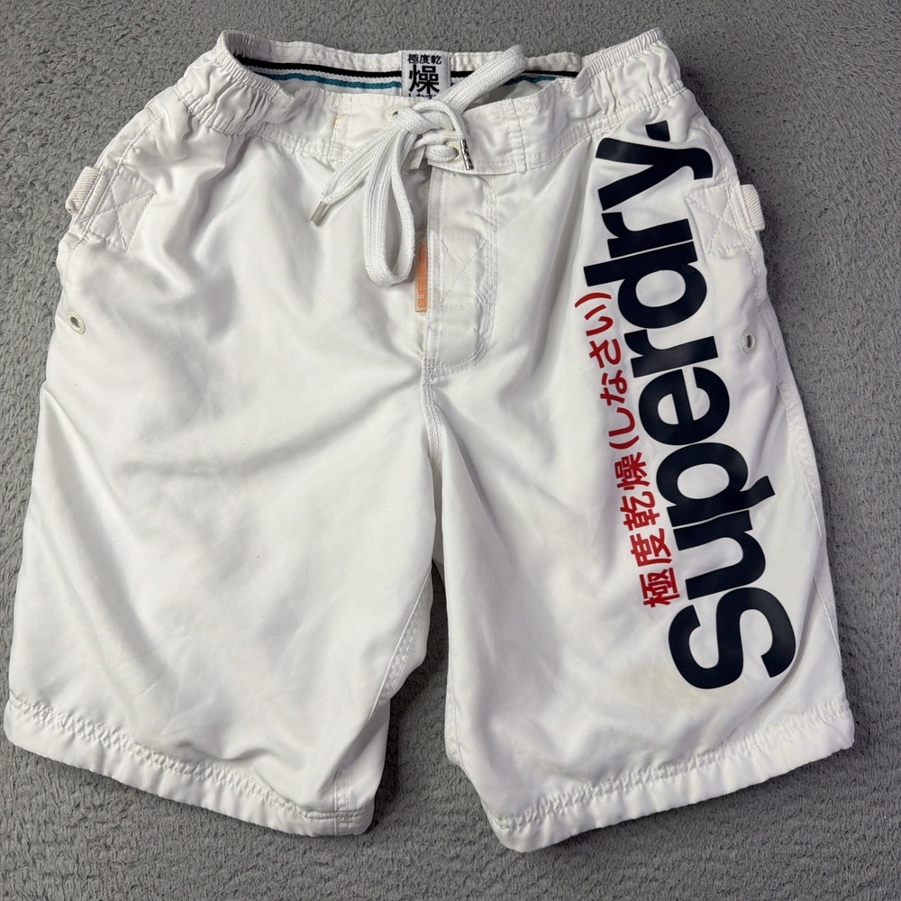 Superdry Board Shorts Mens Large Swim Trunks Logo White Drawstring